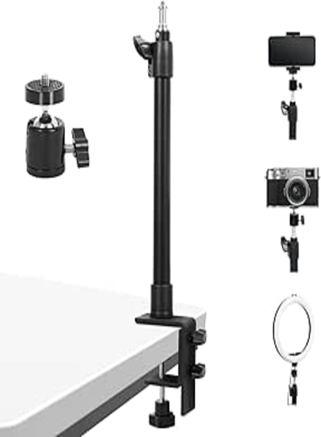 WISAMIC Table Lamp Stand, Adjustable Table Light Holder Aluminum 350-600mm with 1/4 Screw and Extra 360° Ball Head Adapters for Streaming Video Live Make up